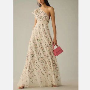 Anthropologie Mac Duggal One-Shoulder Embroidered Maxi Dress Evening Gown 4 NWT